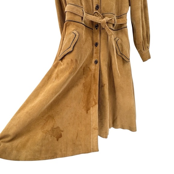 Vintage 70s Women's Trench Coat Corduroy Leather Trim Belted Brown Swing Skirt M - Picture 6 of 15